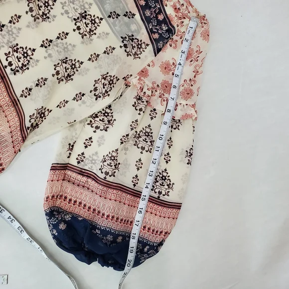 Vince Camuto Beige Cream Boho Paisley Semi Sheer Tie V-Neck Blouse SZ M - Picture 15 of 15